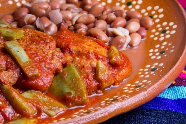 pollo con nopal en salsa de guajillo